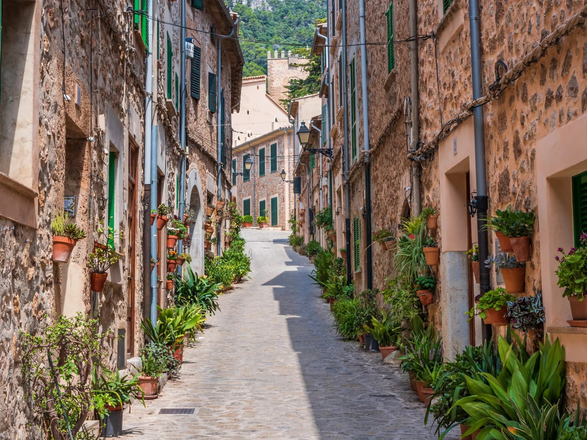 Cobblestone street in Valldemossa, Mallorca, lined with potted plants and stone buildings.