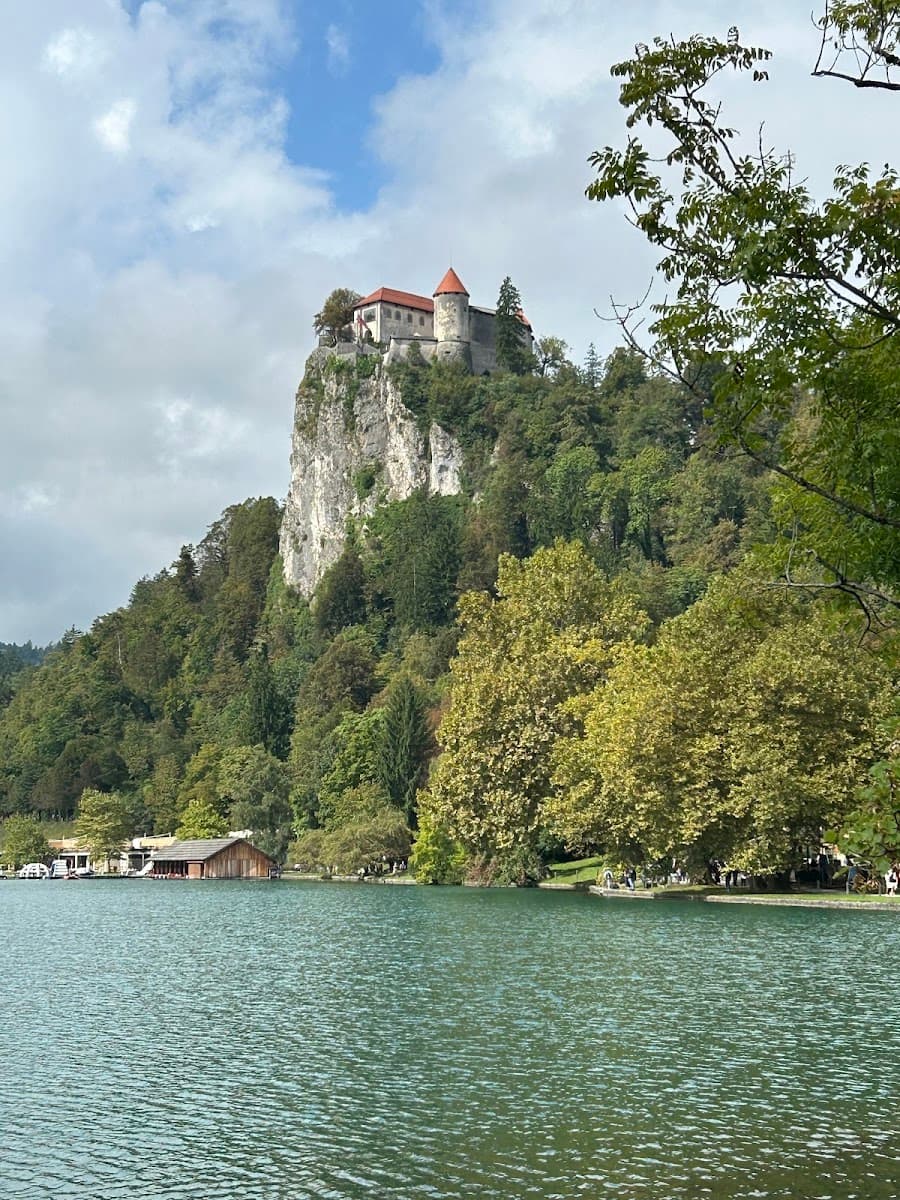 Castle on cliff above forested shore of Lake Bled with boathouses under cloudy sky
