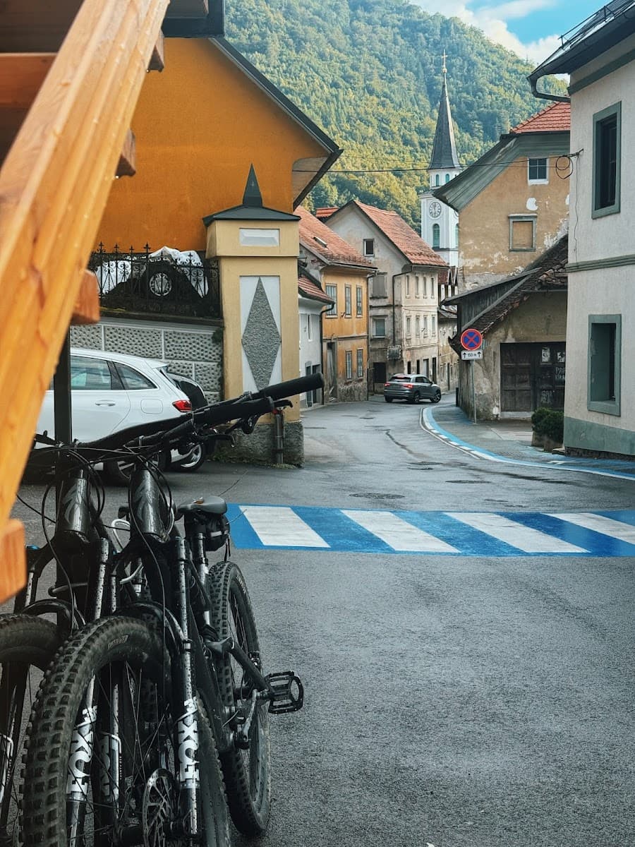 Mountain bikes parked near blue and white crosswalk in European alpine village street