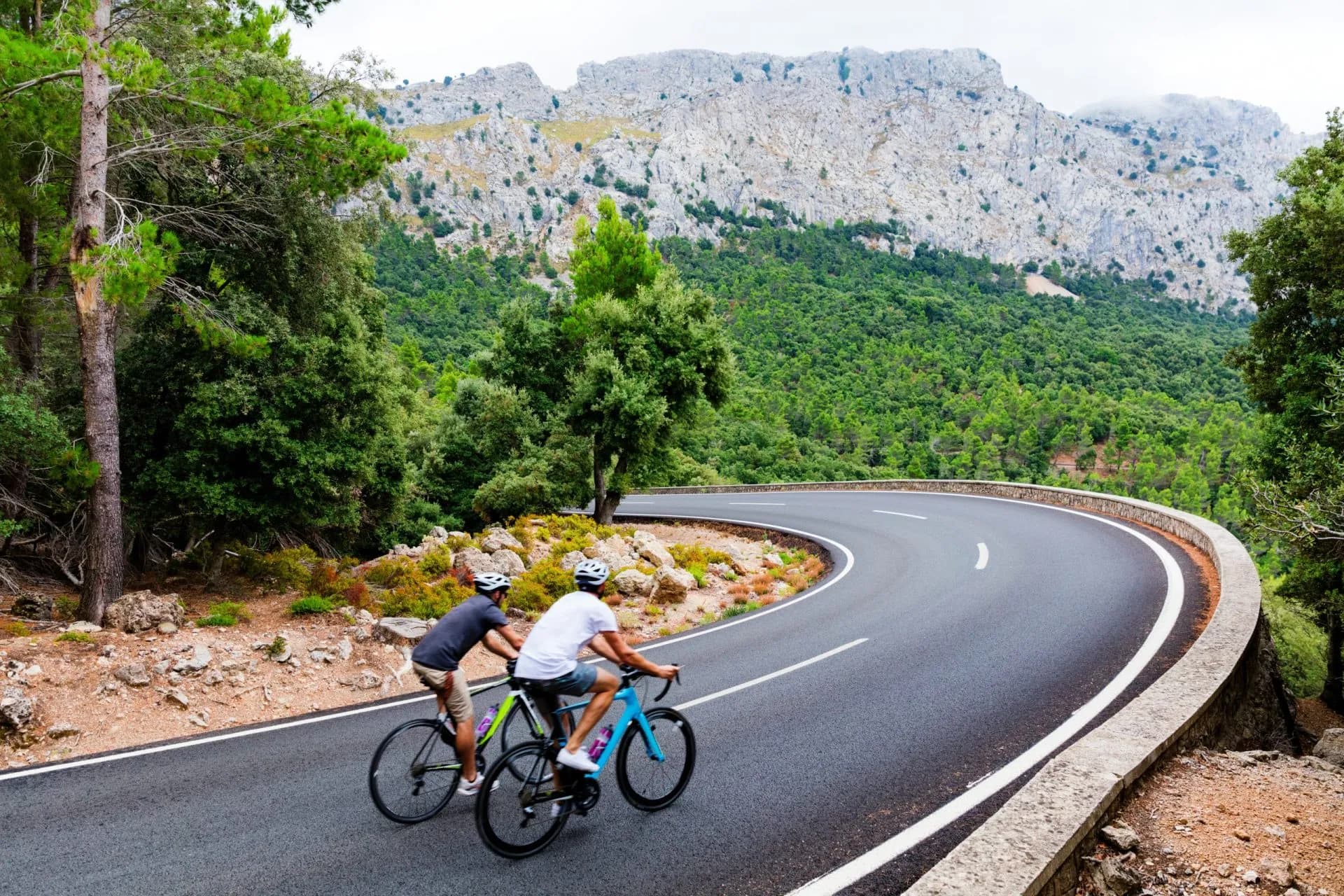 Cyclists riding up a winding road with steep, forested mountains in Majorca