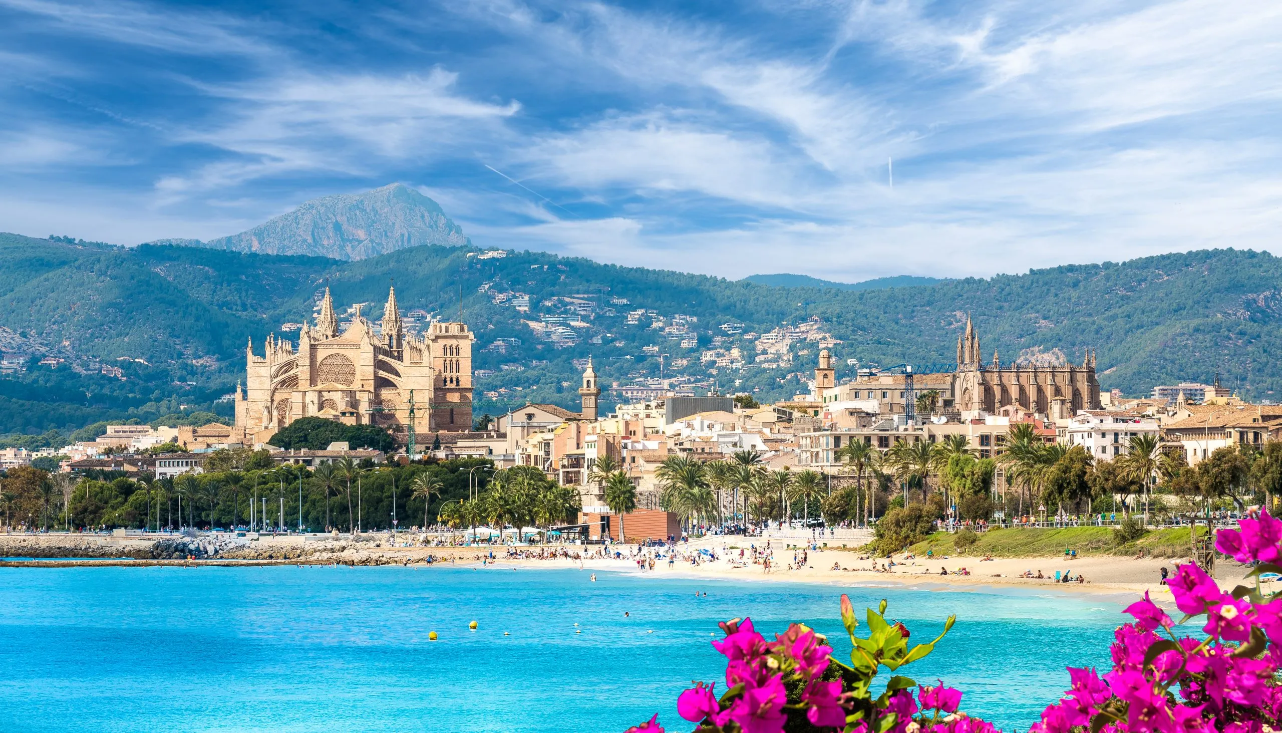 Landscape with beach and Palma de Mallorca town, Spain